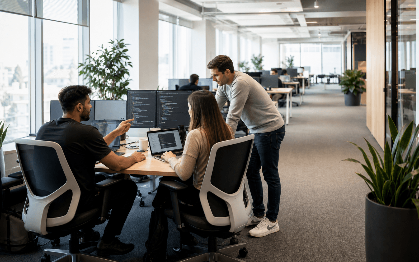 Software engineers collaborating in a modern workspace